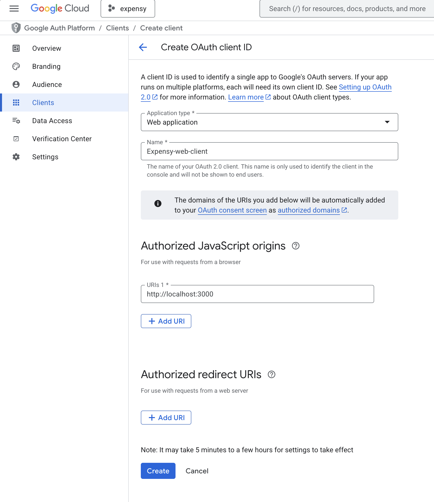 create oauth client id screen